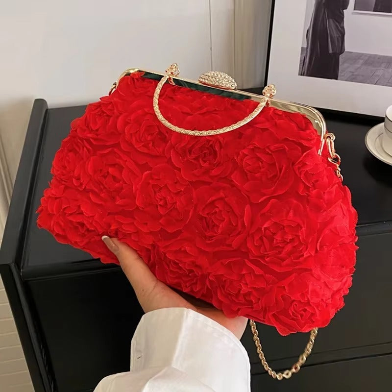 Crystal Bead Flowers Zipper Shell Clip Lock Clutch Mssza