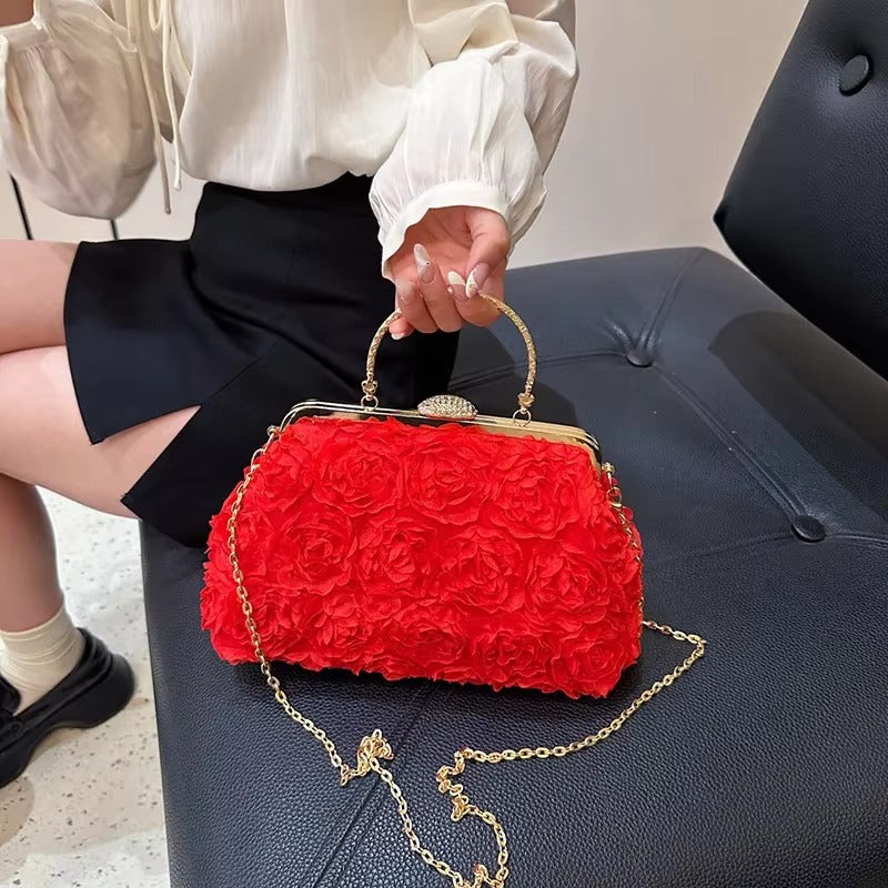 Crystal Bead Flowers Zipper Shell Clip Lock Clutch Mssza