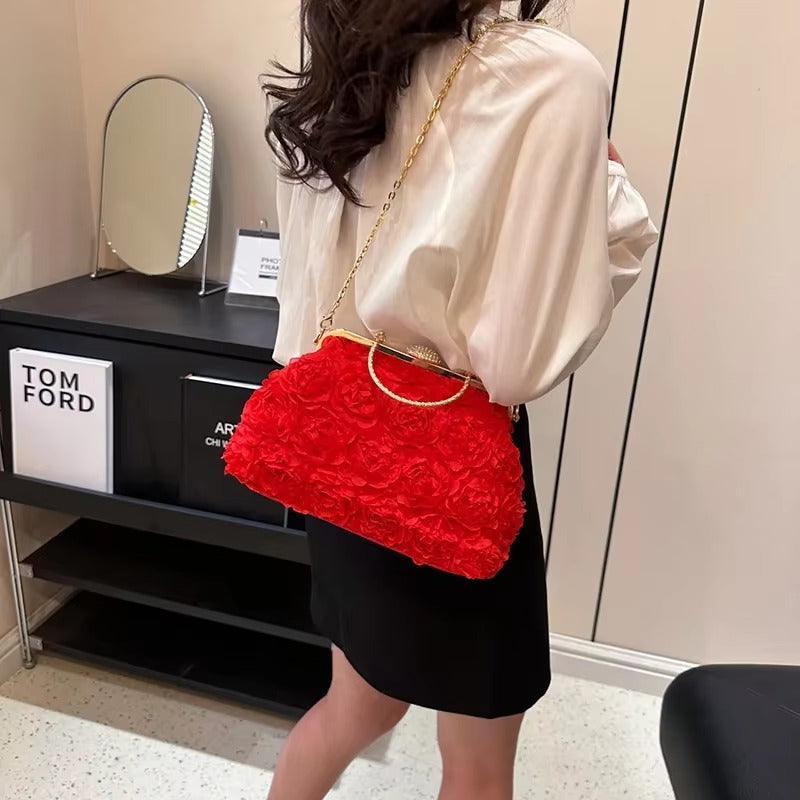 Crystal Bead Flowers Zipper Shell Clip Lock Clutch Mssza