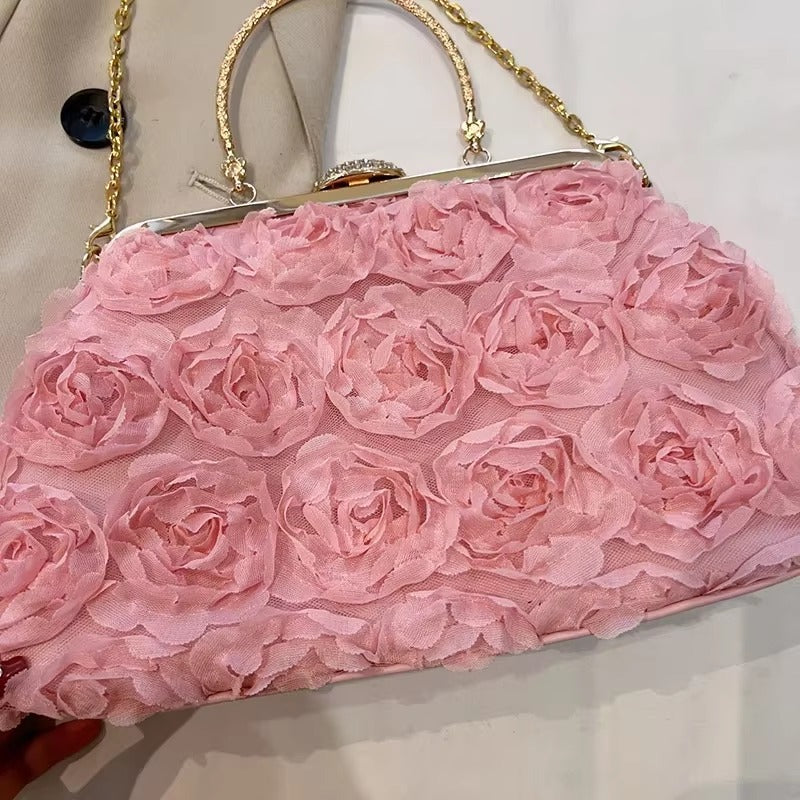 Crystal Bead Flowers Zipper Shell Clip Lock Clutch Mssza