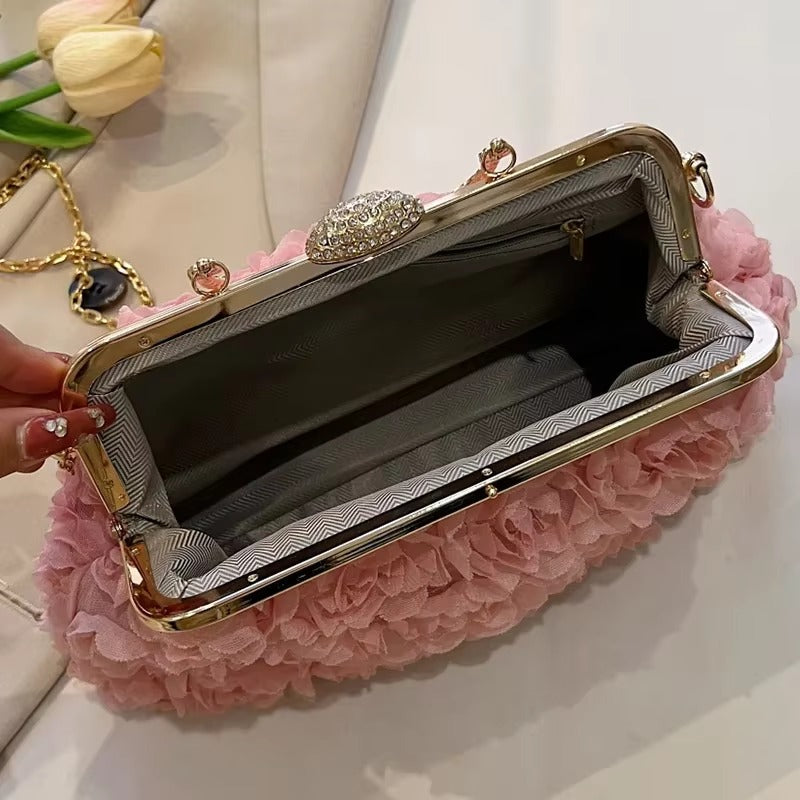 Crystal Bead Flowers Zipper Shell Clip Lock Clutch Mssza