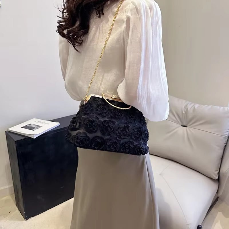 Crystal Bead Flowers Zipper Shell Clip Lock Clutch Mssza