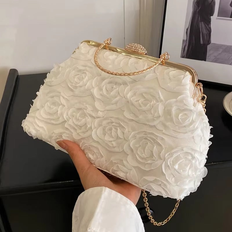 Crystal Bead Flowers Zipper Shell Clip Lock Clutch Mssza