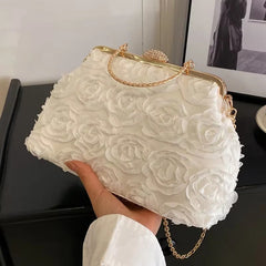 Crystal Bead Flowers Zipper Shell Clip Lock Clutch Mssza