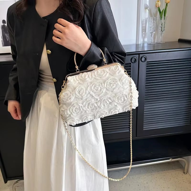 Crystal Bead Flowers Zipper Shell Clip Lock Clutch Mssza