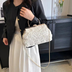 Crystal Bead Flowers Zipper Shell Clip Lock Clutch Mssza