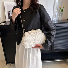 Crystal Bead Flowers Zipper Shell Clip Lock Clutch Mssza