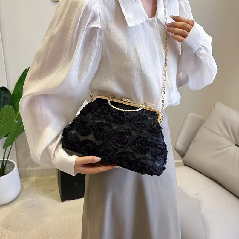 Crystal Bead Flowers Zipper Shell Clip Lock Clutch Mssza