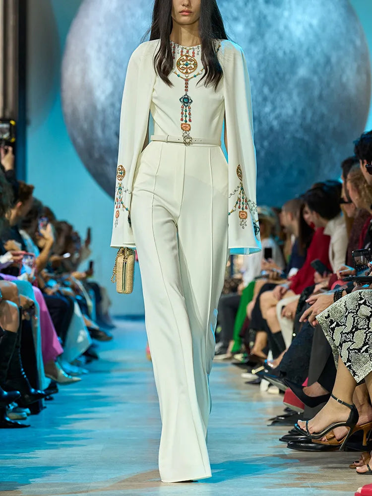 Crystal Diamonds Beaded Designer Batwing Sleeves Appliques Jumpsuit Mssza