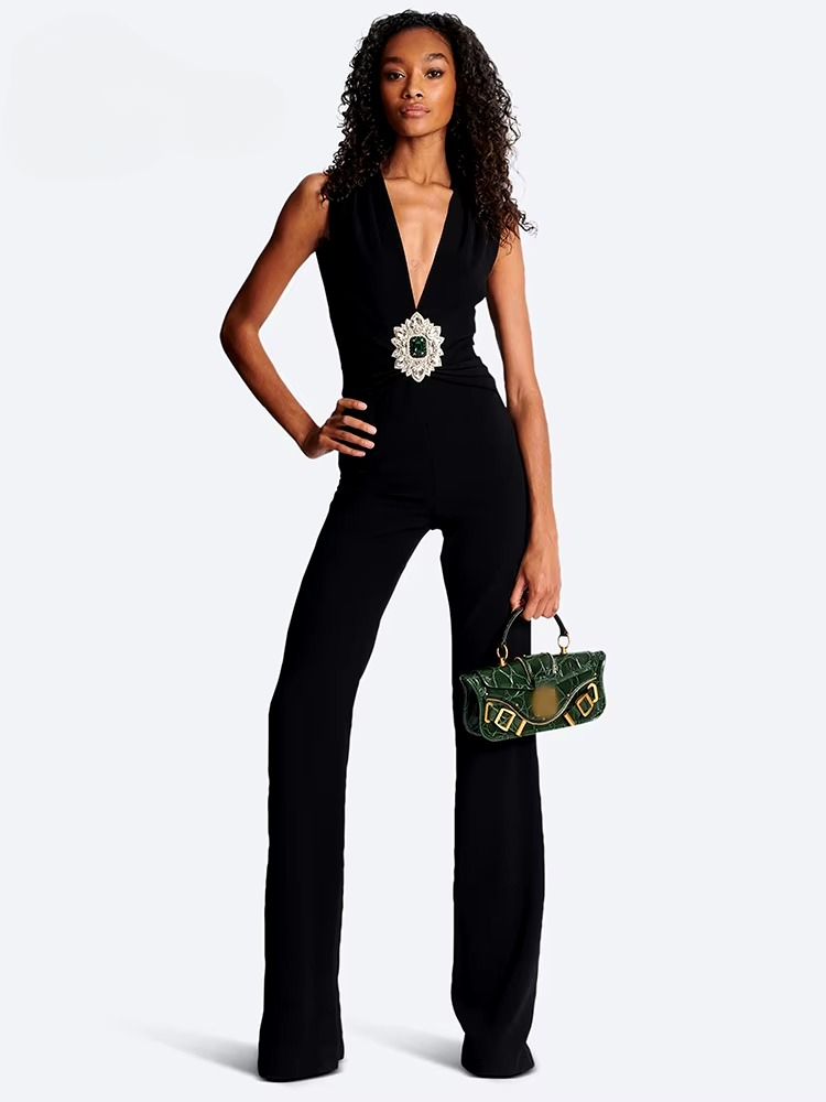 Crystal Embellish Design Deep V-Neck High Street Wear One Piece Jumpsuits Mssza