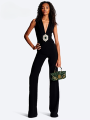 Crystal Embellish Design Deep V-Neck High Street Wear One Piece Jumpsuits Mssza