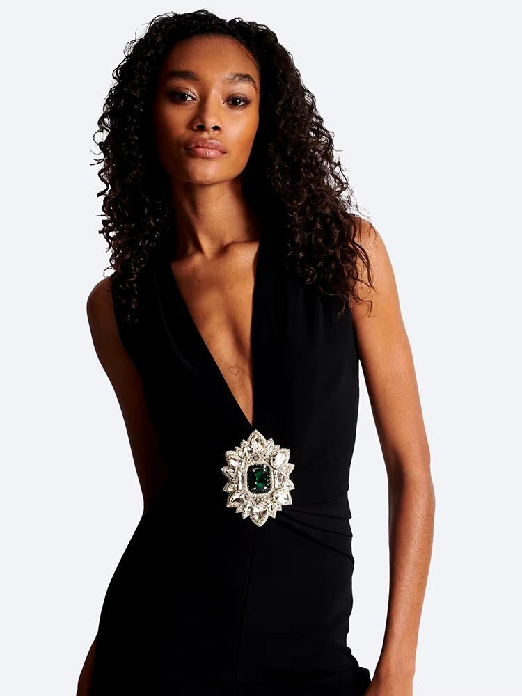 Crystal Embellish Design Deep V-Neck High Street Wear One Piece Jumpsuits Mssza