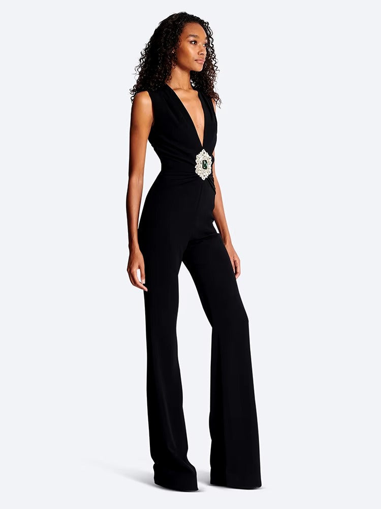 Crystal Embellish Design Deep V-Neck High Street Wear One Piece Jumpsuits Mssza