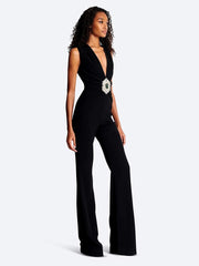 Crystal Embellish Design Deep V-Neck High Street Wear One Piece Jumpsuits Mssza