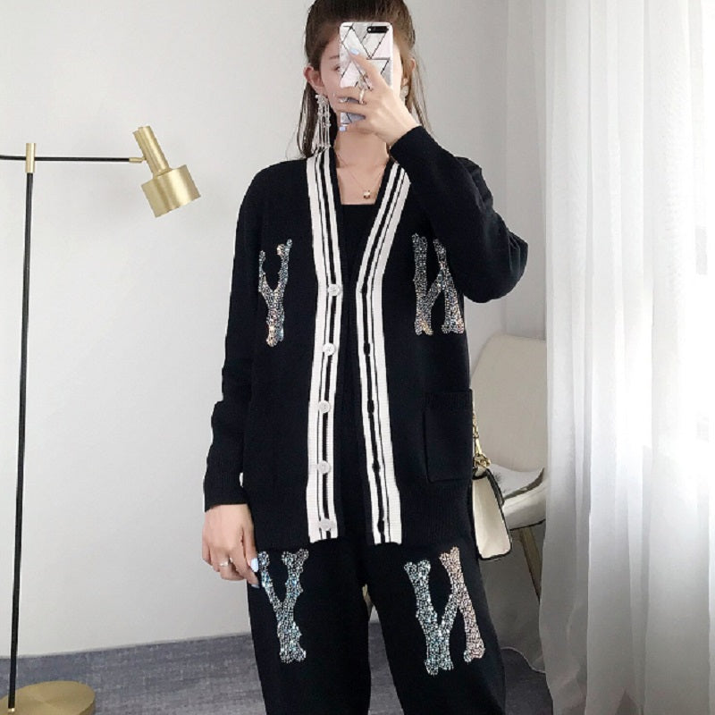Crystal Letter Pants Sweater Trousers Set Mssza