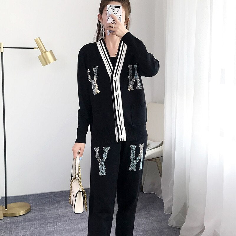 Crystal Letter Pants Sweater Trousers Set Mssza