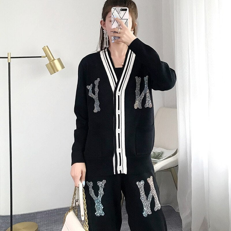 Crystal Letter Pants Sweater Trousers Set Mssza
