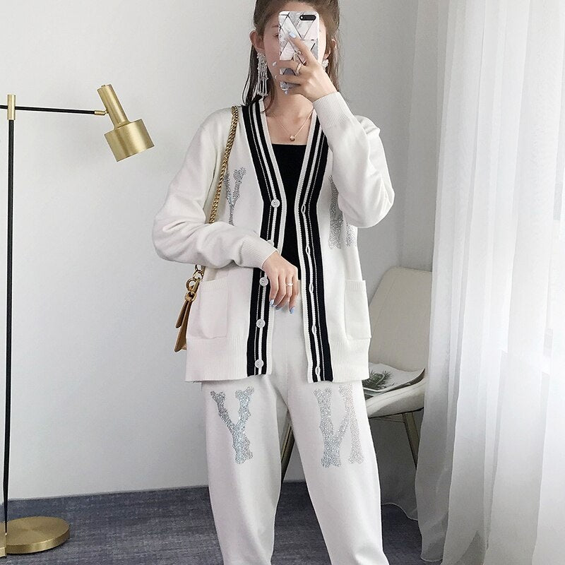 Crystal Letter Pants Sweater Trousers Set Mssza