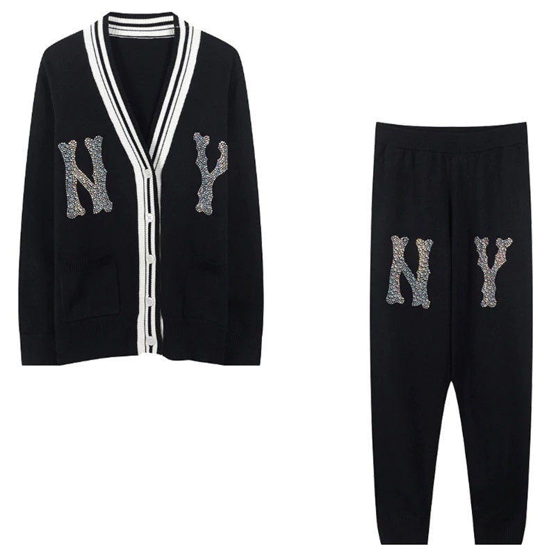 Crystal Letter Pants Sweater Trousers Set Mssza
