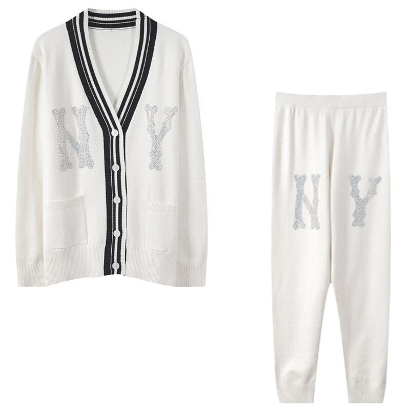 Crystal Letter Pants Sweater Trousers Set Mssza