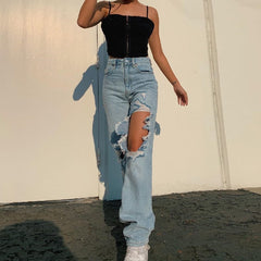 Cut Out Ripped Jeans Baggy Straight Leg Cargo Pants Mssza