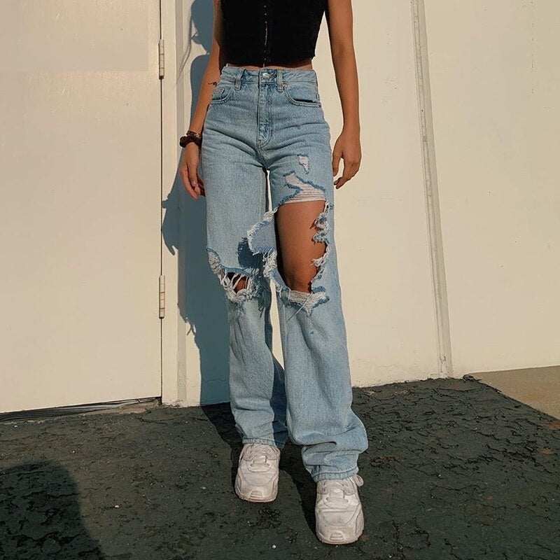 Cut Out Ripped Jeans Baggy Straight Leg Cargo Pants Mssza