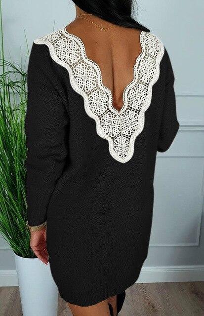 Deep V Back Long Sleeve Dress Bodycon Dress  Dress Party Night Club Wear Lace Patchwork Mssaz Desses