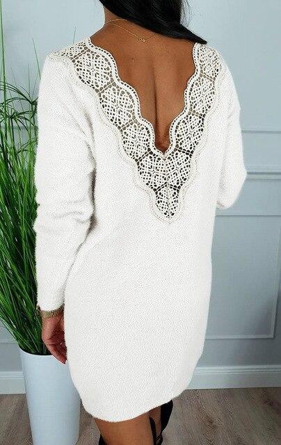 Deep V Back Long Sleeve Dress Bodycon Dress  Dress Party Night Club Wear Lace Patchwork Mssaz Desses