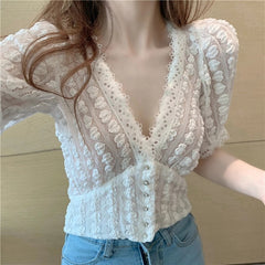 Deep V Neck Lace Streetwear Button Blouse Mssza
