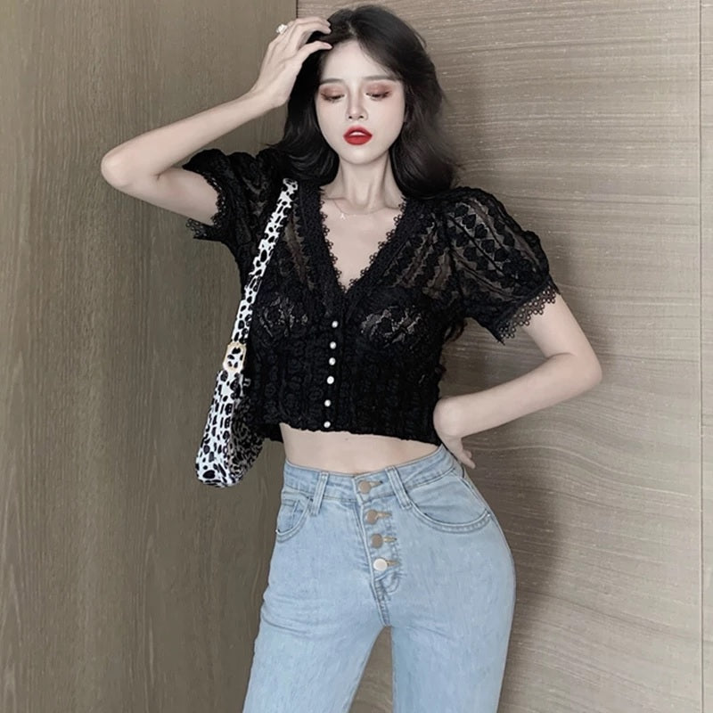 Deep V Neck Lace Streetwear Button Blouse Mssza
