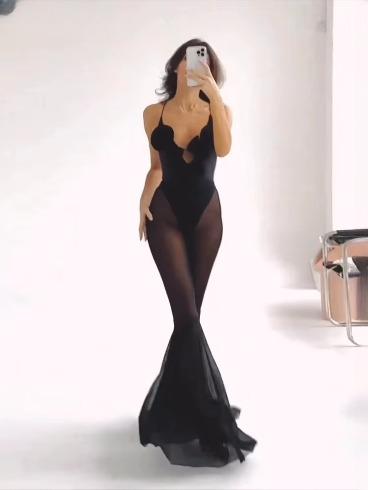Deep V-Neck Sleeveless Backless Elastic Mesh Patchwork Skinny Stretch Flare Overalls Jumpsuit Mssza