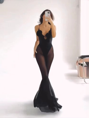 Deep V-Neck Sleeveless Backless Elastic Mesh Patchwork Skinny Stretch Flare Overalls Jumpsuit Mssza