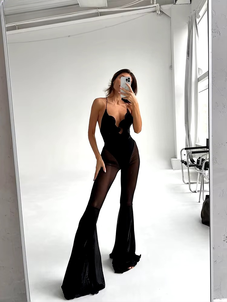 Deep V-Neck Sleeveless Backless Elastic Mesh Patchwork Skinny Stretch Flare Overalls Jumpsuit Mssza