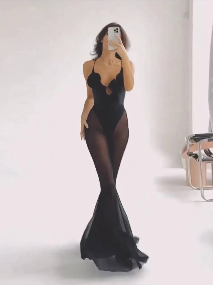 Deep V-Neck Sleeveless Backless Skinny Elastic Mesh Patchwork Skinny Stretch Flare Overalls Jumpsuits Mssza