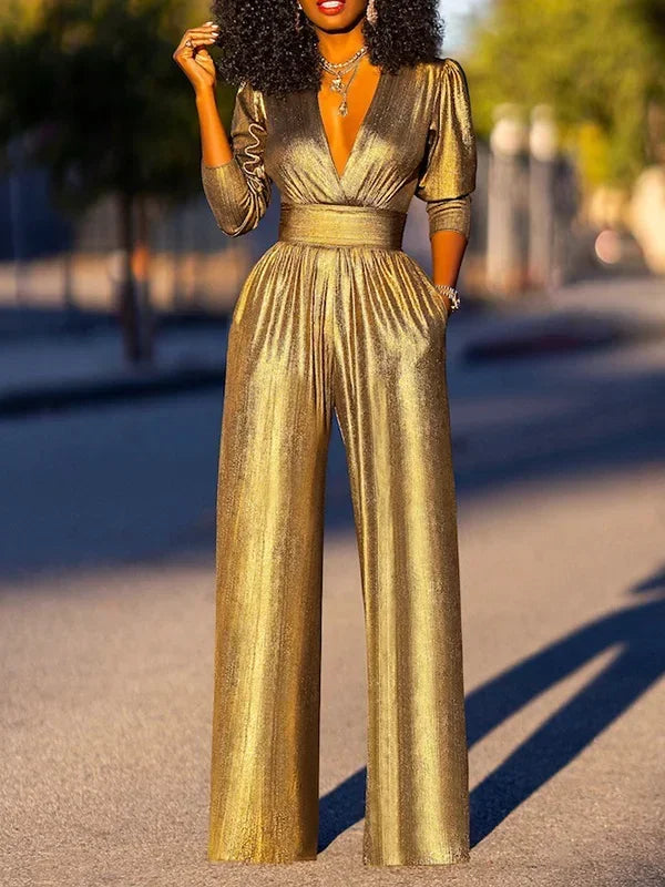 Deep V-neck High Waisted Three-Quarter Sleeves Solid Color Party Wide Leg Jumpsuits Mssza