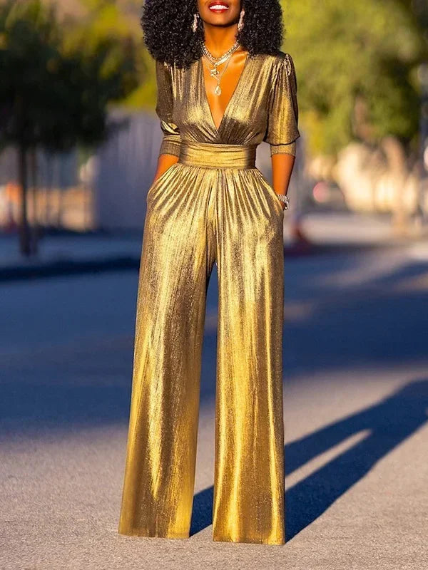 Deep V-neck High Waisted Three-Quarter Sleeves Solid Color Party Wide Leg Jumpsuits Mssza