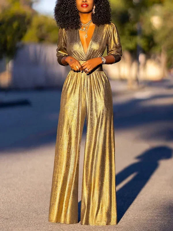 Deep V-neck High Waisted Three-Quarter Sleeves Solid Color Party Wide Leg Jumpsuits Mssza