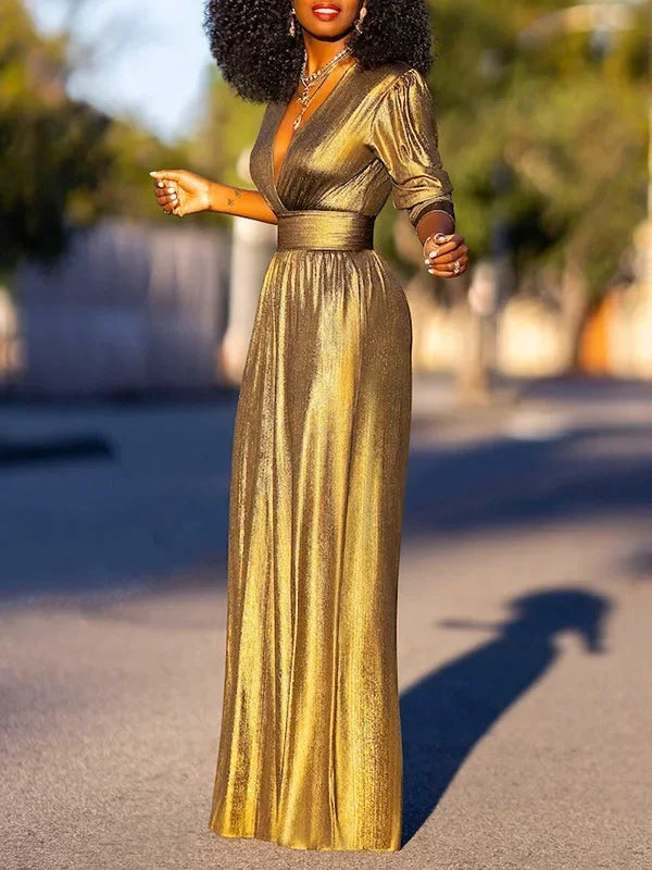 Deep V-neck High Waisted Three-Quarter Sleeves Solid Color Party Wide Leg Jumpsuits Mssza