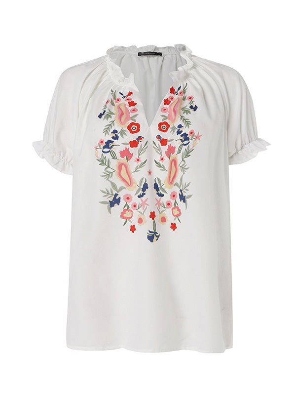 Delicate Print V-neck Ruffle Elastic Cuffs Casual T-shirt Mssza