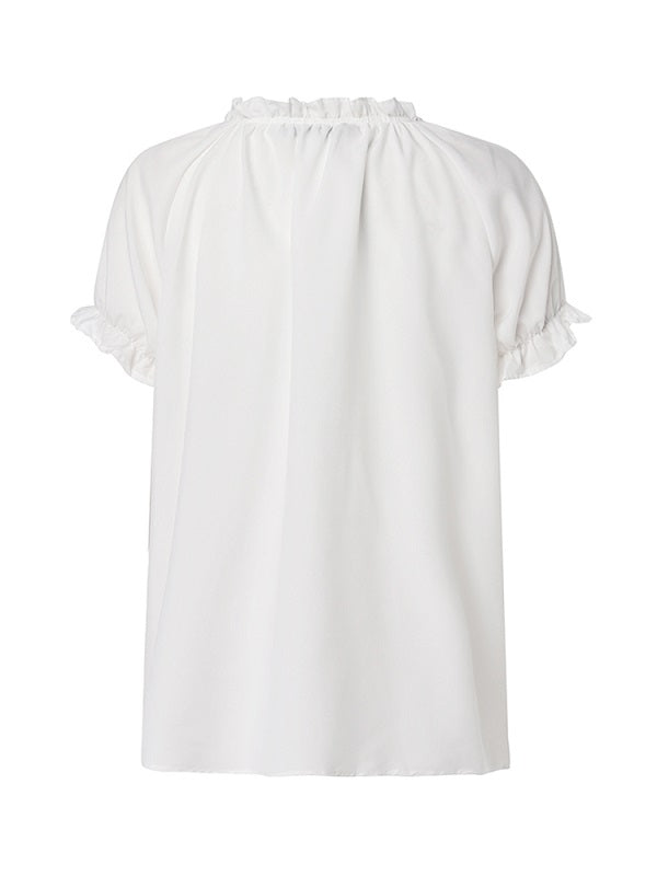 Delicate Print V-neck Ruffle Elastic Cuffs Casual T-shirt Mssza