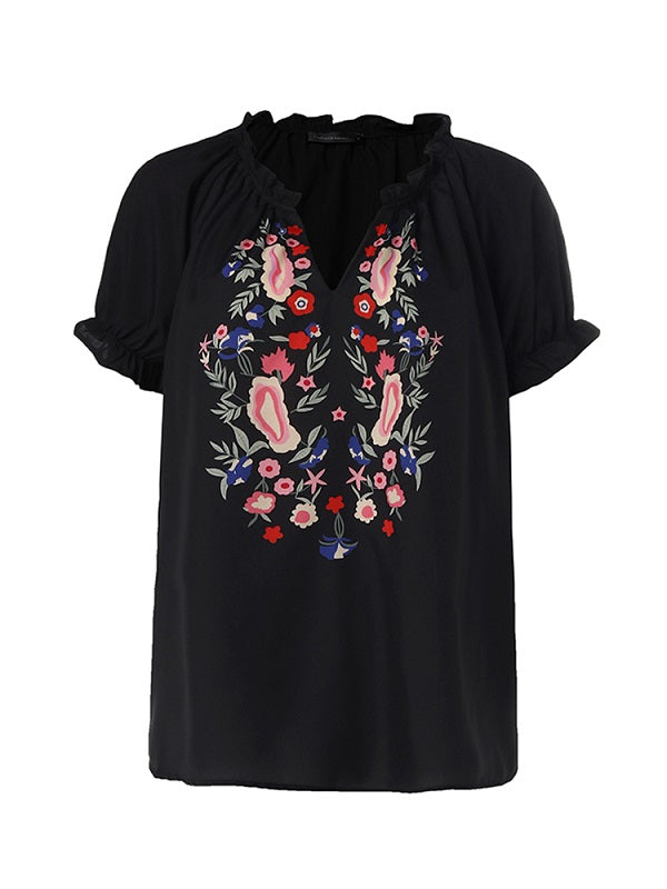 Delicate Print V-neck Ruffle Elastic Cuffs Casual T-shirt Mssza