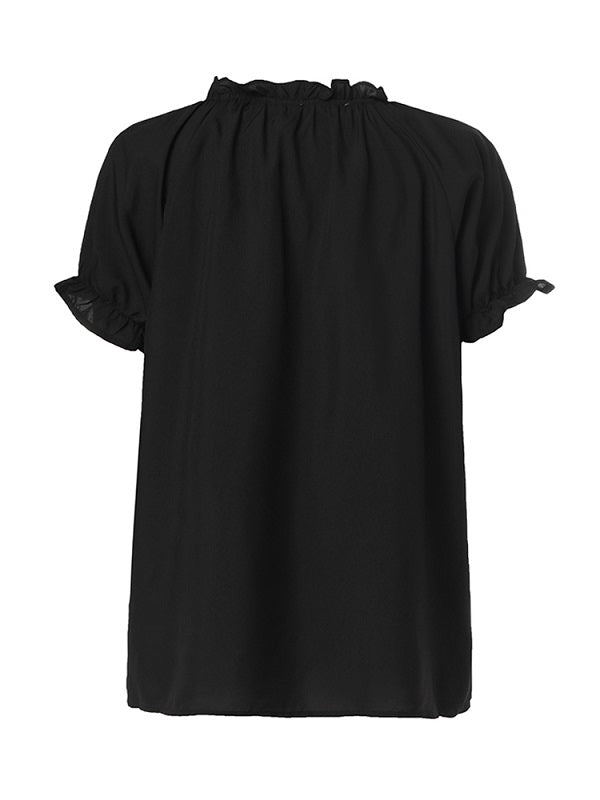 Delicate Print V-neck Ruffle Elastic Cuffs Casual T-shirt Mssza
