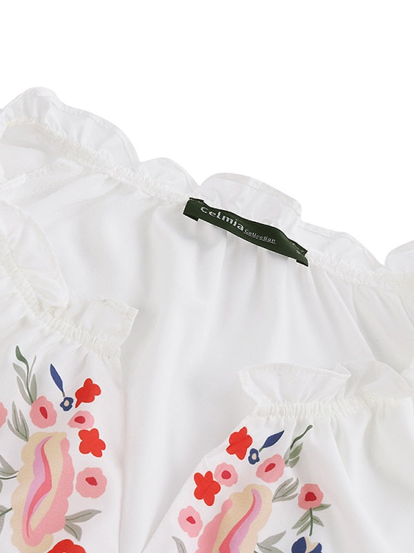 Delicate Print V-neck Ruffle Elastic Cuffs Casual T-shirt Mssza
