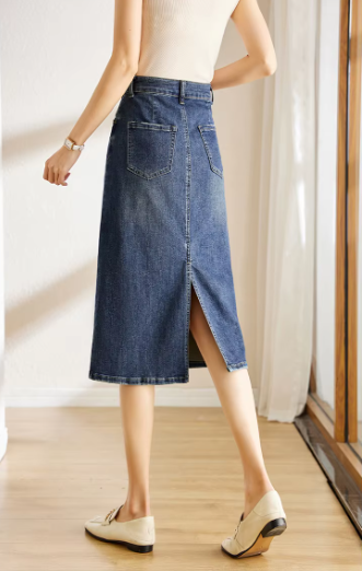 Denim Classic Straight Split Office Solid Elegant Midi Skirts Mssza