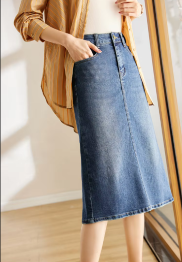 Denim Classic Straight Split Office Solid Elegant Midi Skirts Mssza