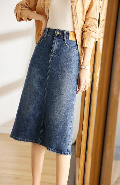 Denim Classic Straight Split Office Solid Elegant Midi Skirts Mssza