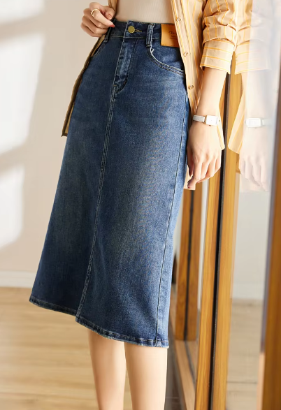 Denim Classic Straight Split Office Solid Elegant Midi Skirts Mssza