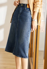 Denim Classic Straight Split Office Solid Elegant Midi Skirts Mssza