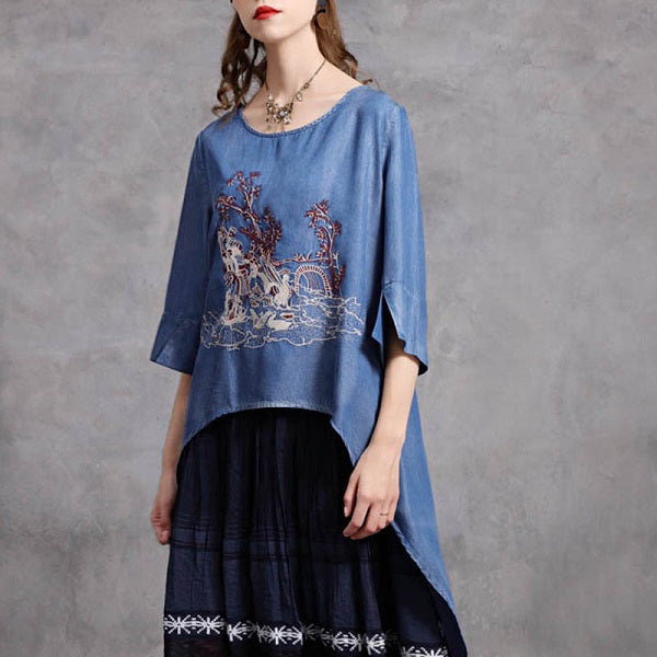 Denim Half Sleeve Embroidery Tops High Low Tees Mssza