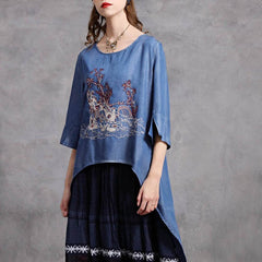 Denim Half Sleeve Embroidery Tops High Low Tees Mssza